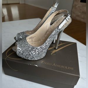 Enzo Angiolini Silver Sequin Open Toe Heels